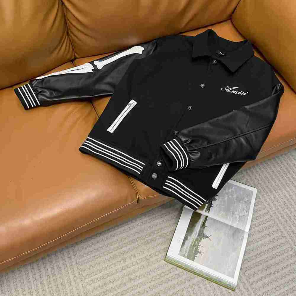 AMIRI Bone Collared Varsity Jacket Leather Sleeve Black Coat